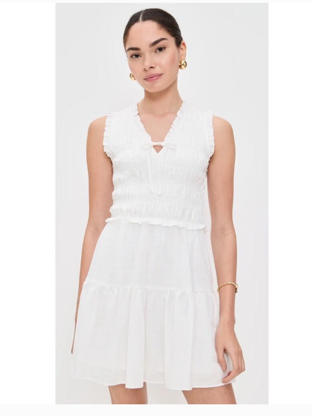 *NWT* PAIGE White Sleeveless Smocked V-Neck Tiered Mini Dress, size L